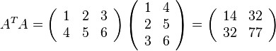 A^{T}A=\left({\begin{array}{ccc}1&2&3\\4&5&6\end{array}}\right)\left({\begin{array}{cc}1&4\\2&5\\3&6\end{array}}\right)=\left({\begin{array}{cc}14&32\\32&77\end{array}}\right)